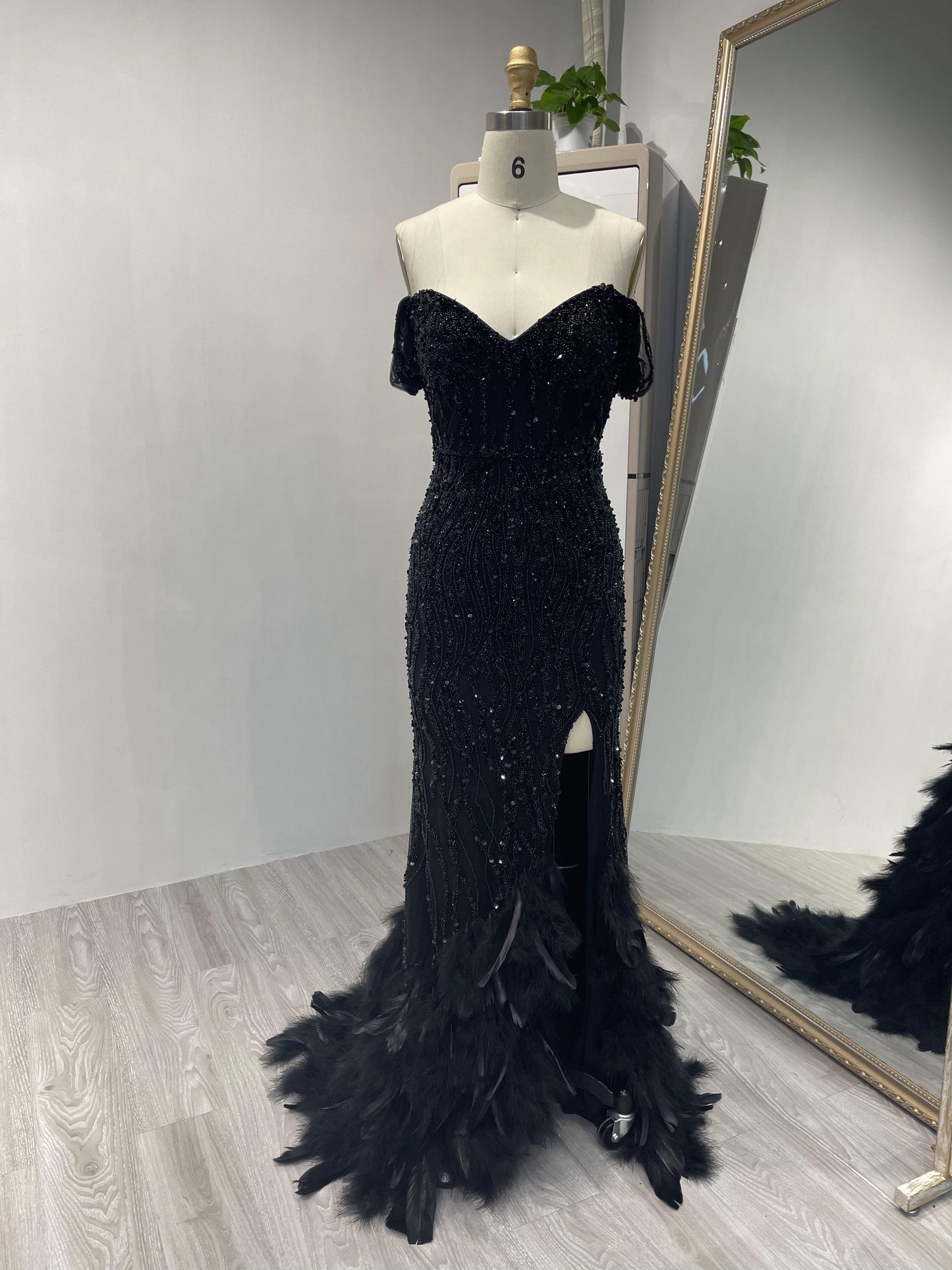 Off Shoulder Haute Couture Beading Feather Evening Dress MB40001