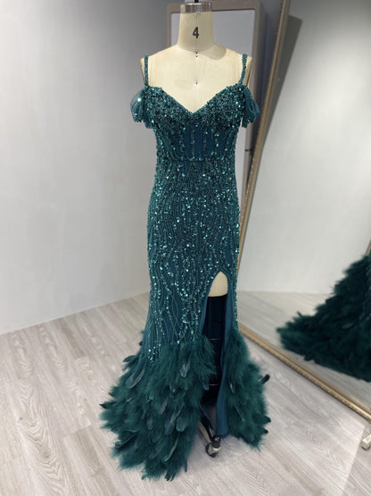 Off Shoulder Haute Couture Beading Feather Evening Dress MB40001