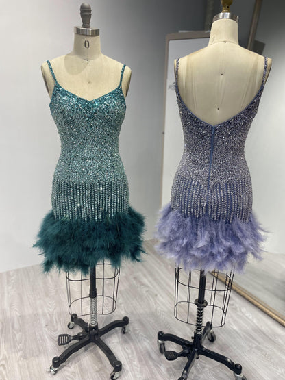 Sexy Backless Beading Feather Short Dress MB40002