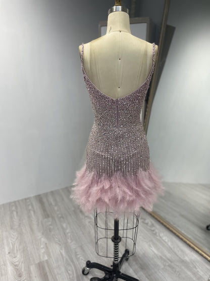 Sexy Backless Beading Feather Short Dress MB40002