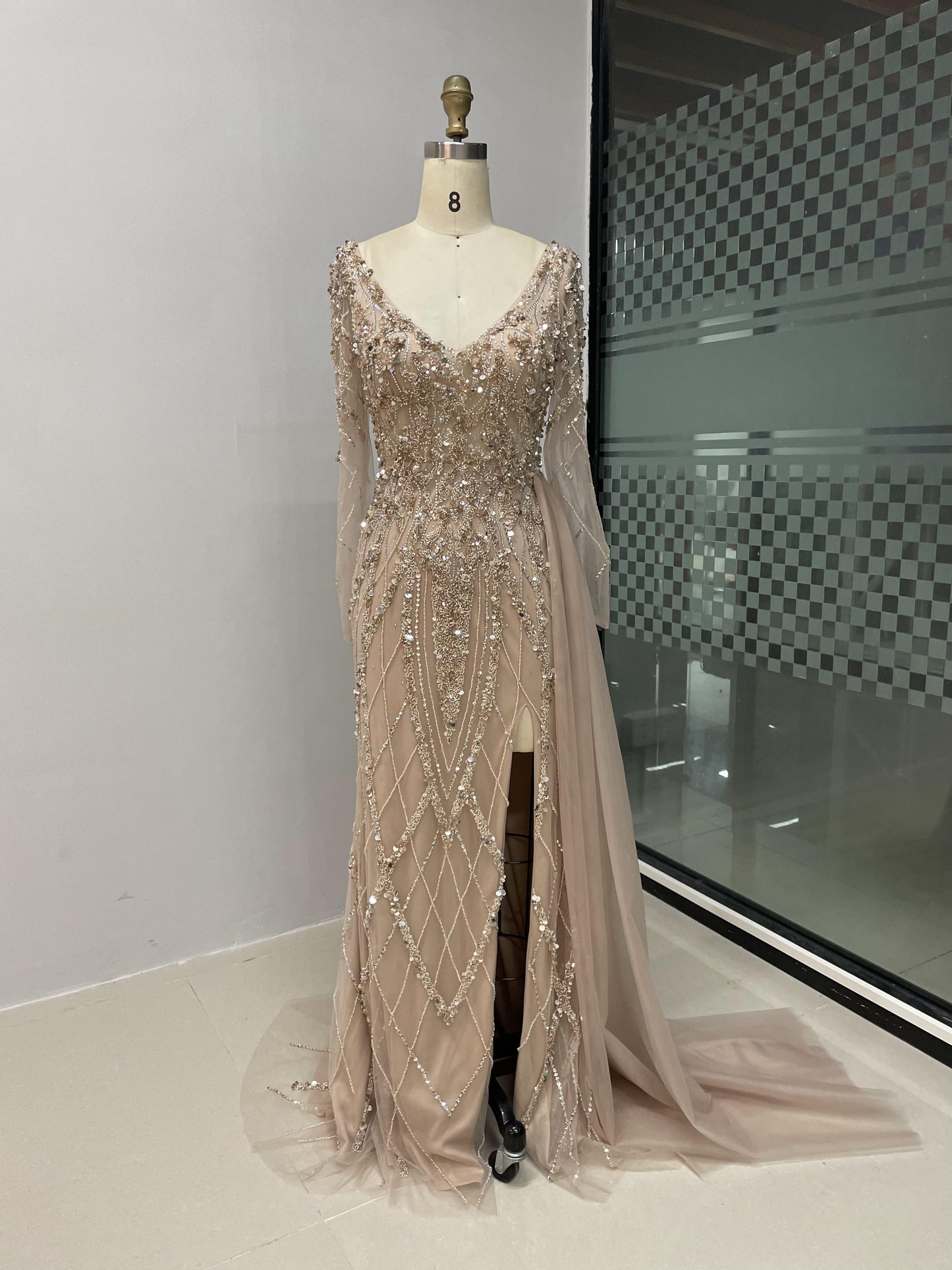 Long Sleeve V Neckline Couture Beading Evening Dress MB40013