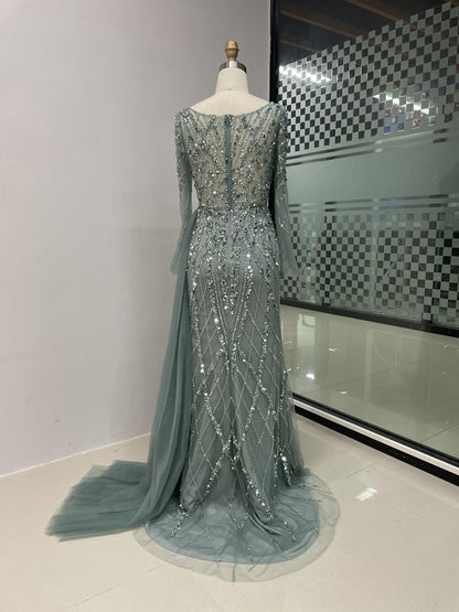 Long Sleeve V Neckline Couture Beading Evening Dress MB40013