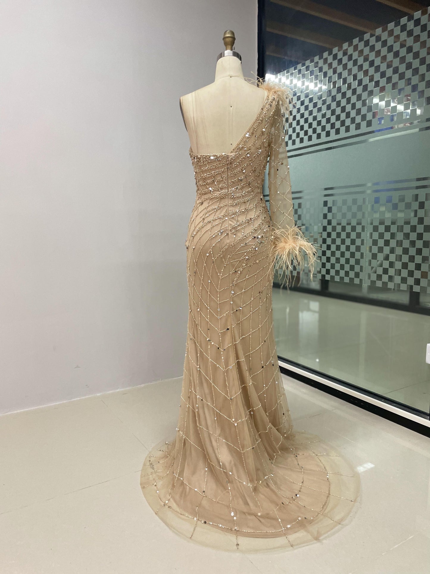 Elegant One Shoulder Long Sleeve Feather Beading Couture Evening Dress MB40014