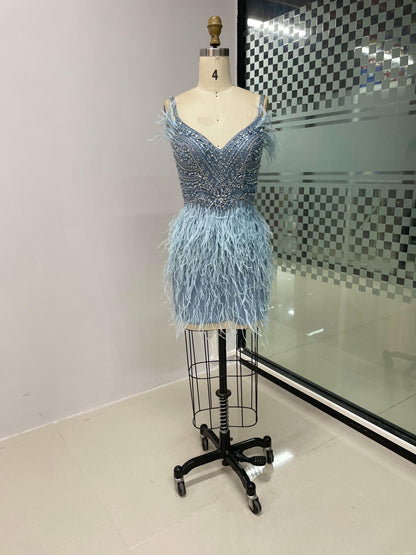 Straps Beading Feather Short Dress MB40017