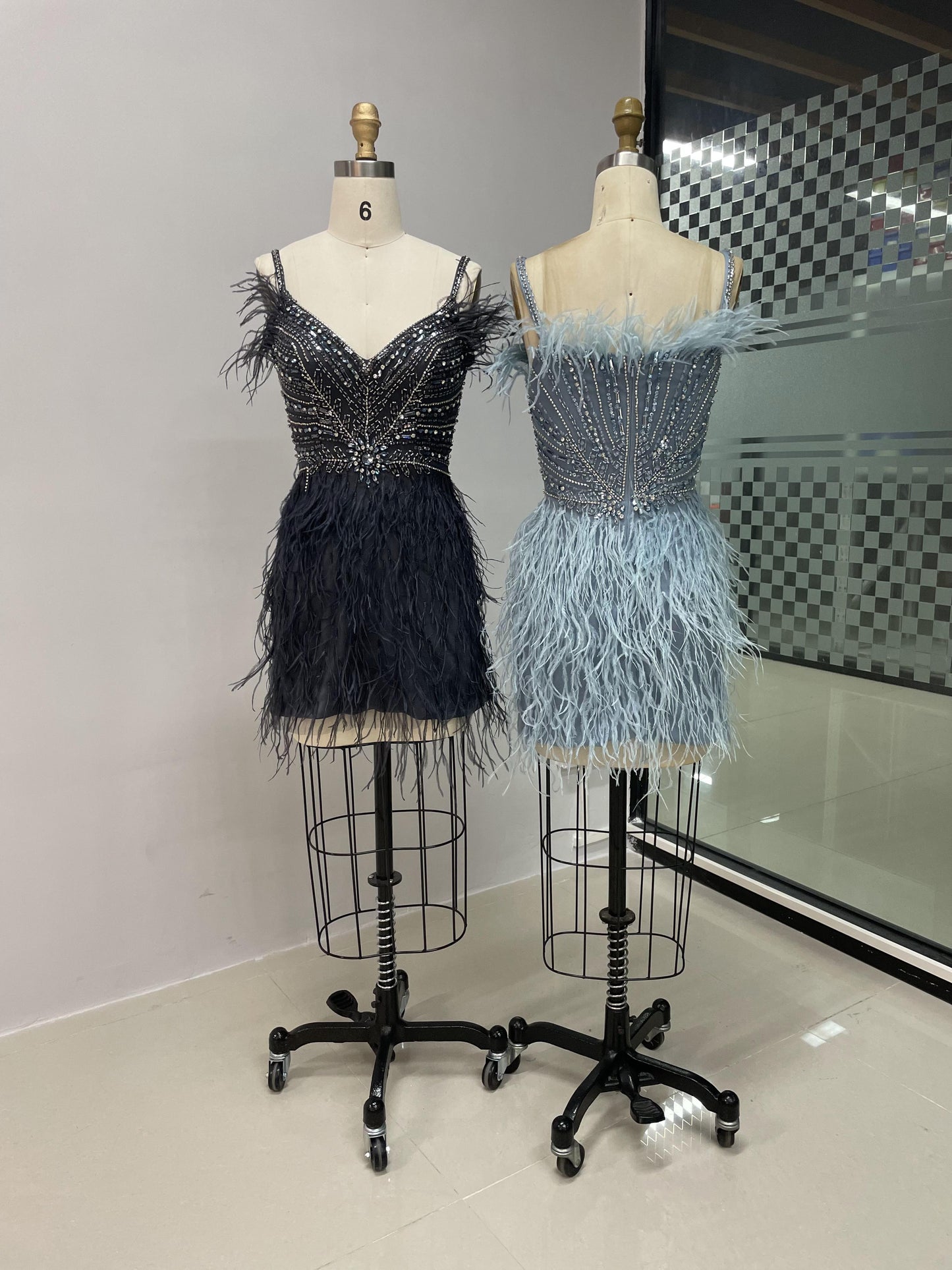 Straps Beading Feather Short Dress MB40017