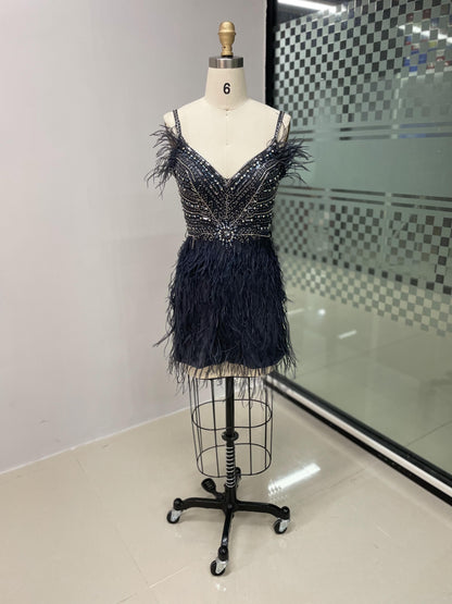 Straps Beading Feather Short Dress MB40017