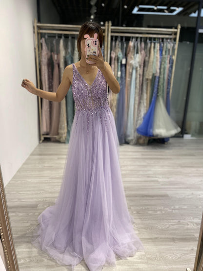 Glamorous Open Back Beading Tulle A Line Prom Dress MB40025