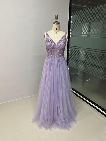 Glamorous Open Back Beading Tulle A Line Prom Dress MB40025