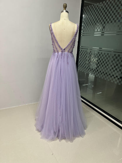 Glamorous Open Back Beading Tulle A Line Prom Dress MB40025