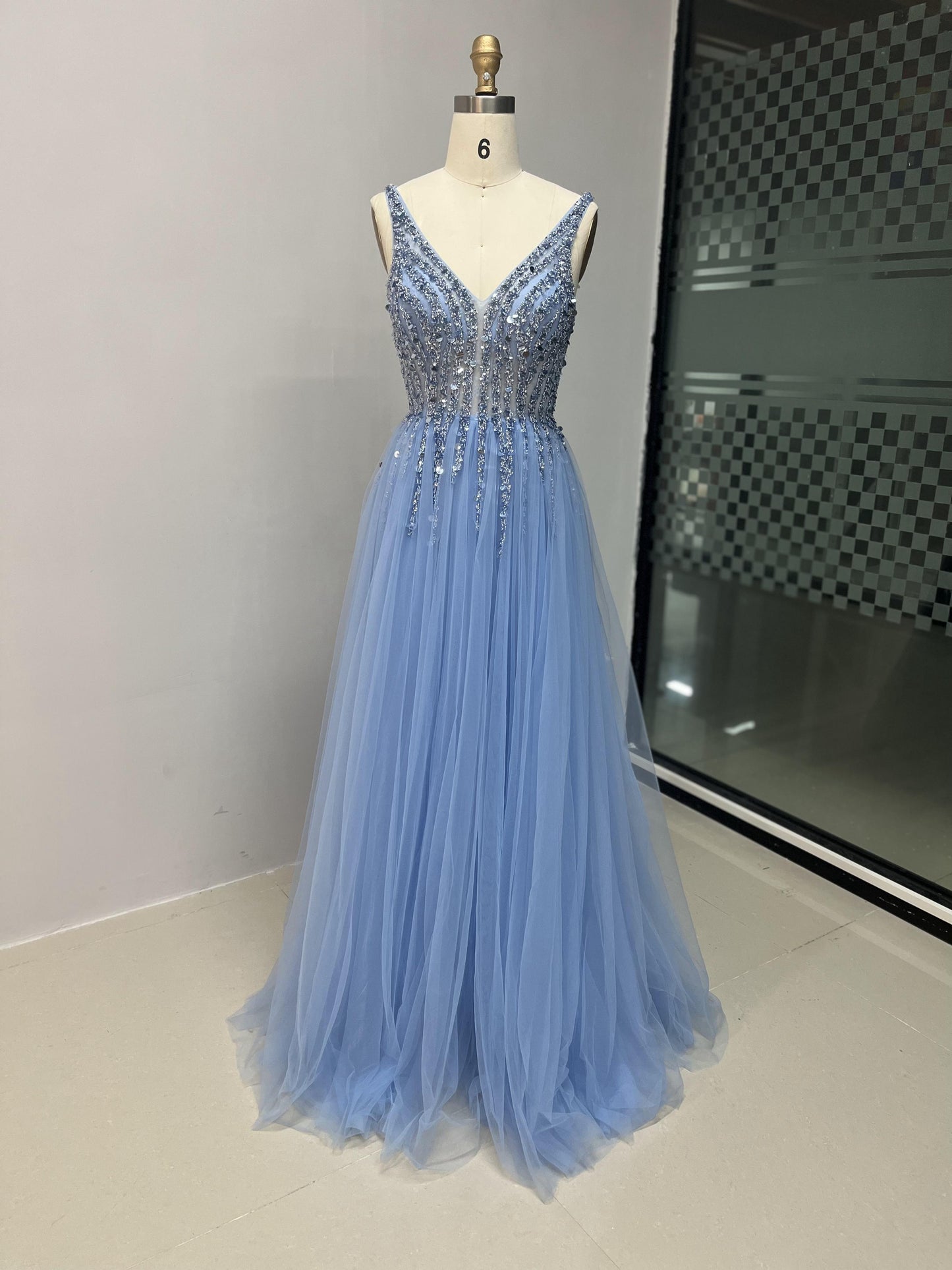 Glamorous Open Back Beading Tulle A Line Prom Dress MB40025