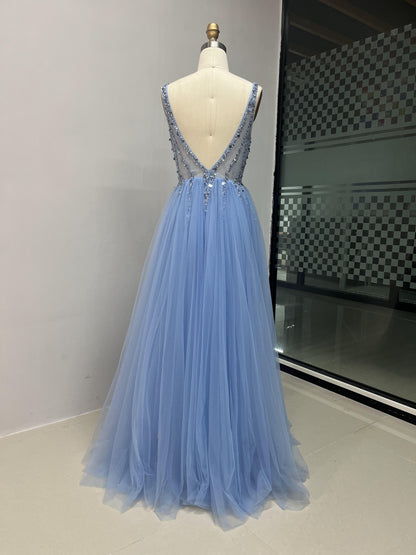 Glamorous Open Back Beading Tulle A Line Prom Dress MB40025