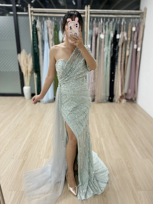 Exclusive Luxury Handmade Beading Evening Dress One-Shoulder High Slit Wedding Party Dress MB40028-3