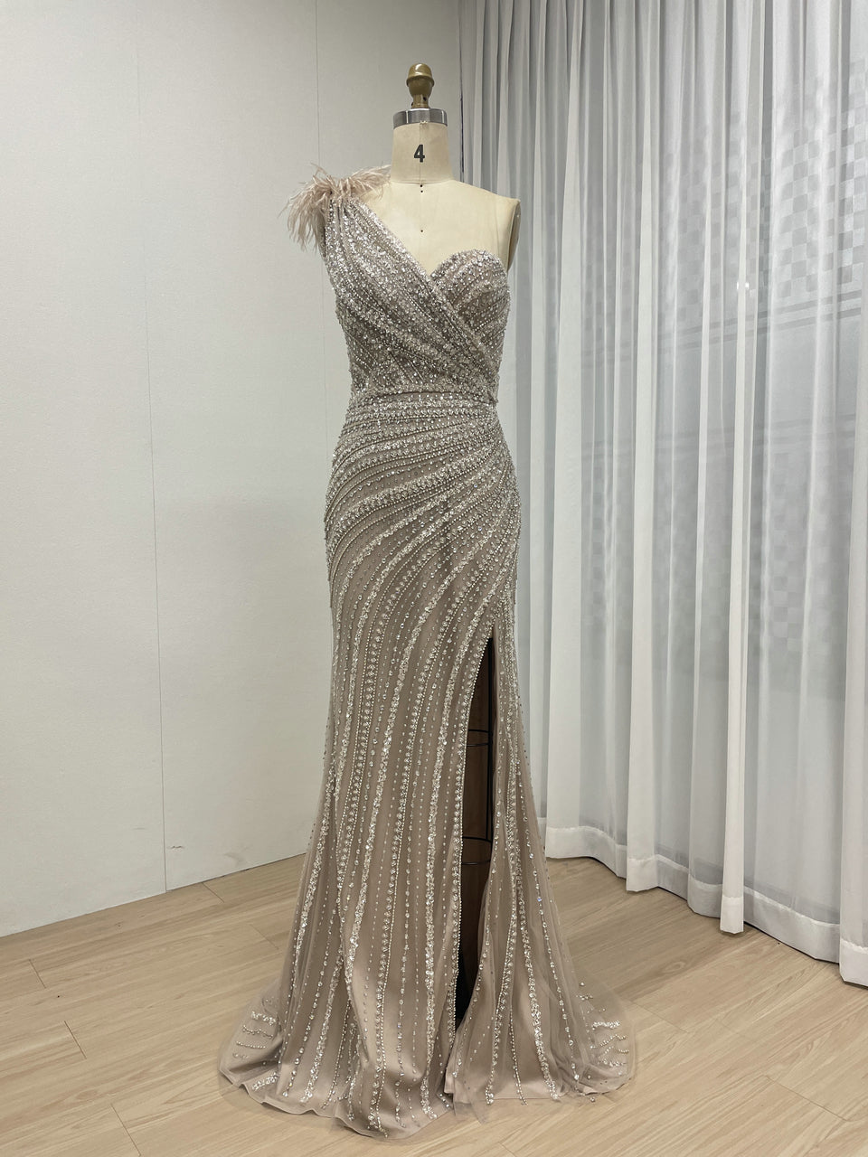 Champagne Crystal Beading One-Shoulder Mermaid Gown with Feather Trim & High Slit MB40028-3B
