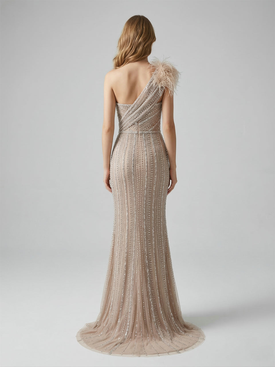 Champagne Crystal Beading One-Shoulder Mermaid Gown with Feather Trim & High Slit MB40028-3B