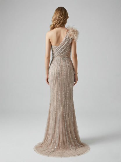 Champagne Crystal Beading One-Shoulder Mermaid Gown with Feather Trim & High Slit MB40028-3B
