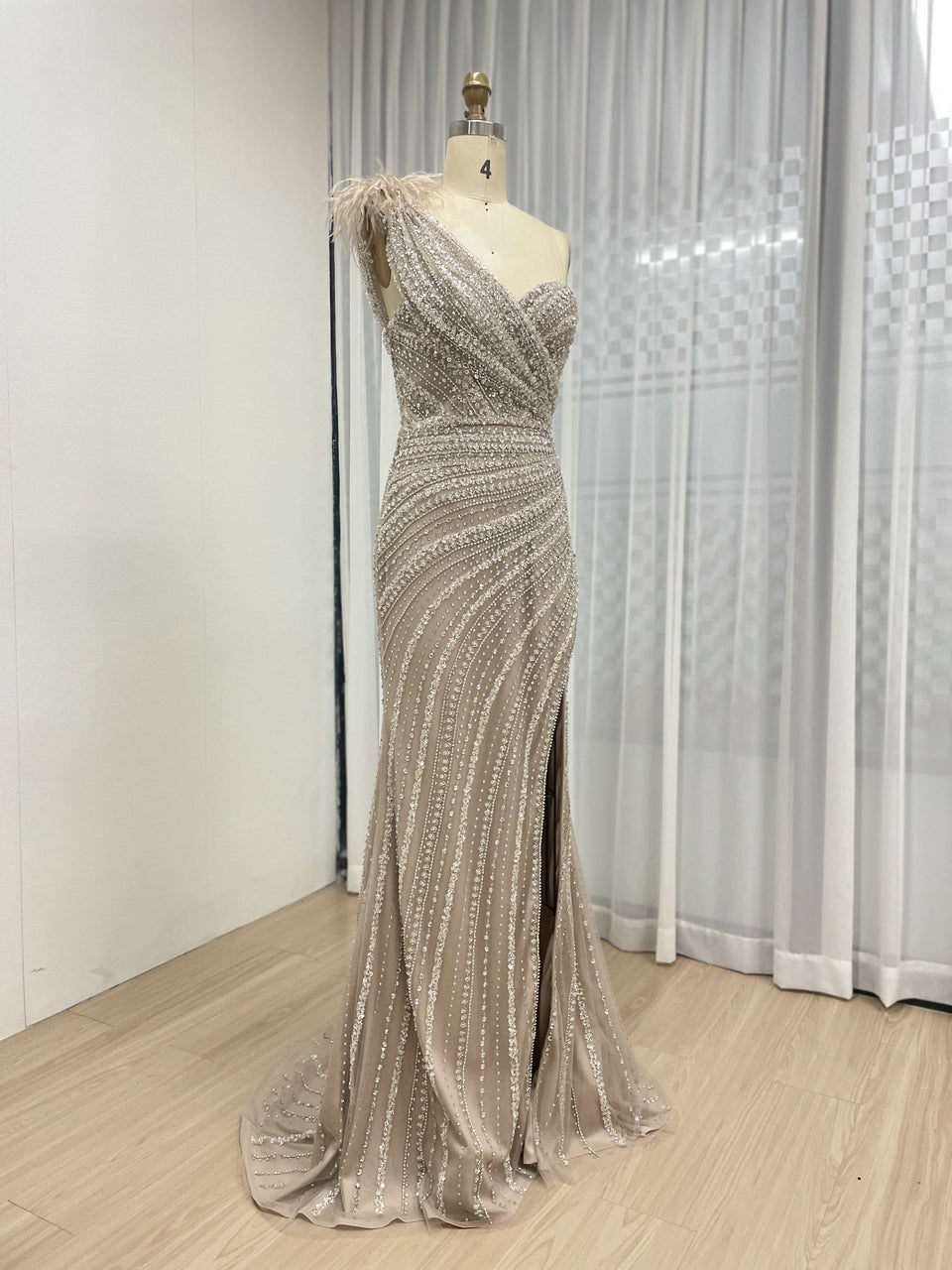 Champagne Crystal Beading One-Shoulder Mermaid Gown with Feather Trim & High Slit MB40028-3B