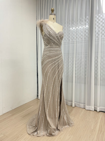 Champagne Crystal Beading One-Shoulder Mermaid Gown with Feather Trim & High Slit MB40028-3B