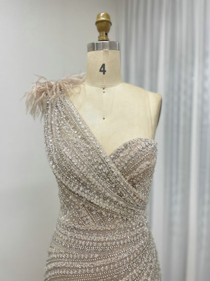Champagne Crystal Beading One-Shoulder Mermaid Gown with Feather Trim & High Slit MB40028-3B