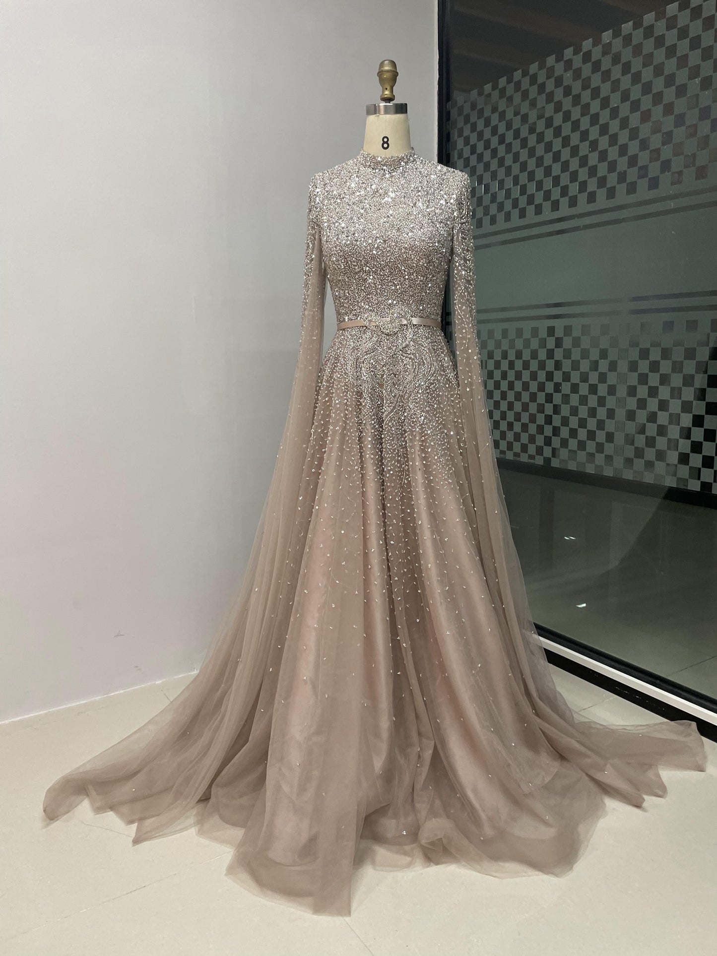 Luxury High Neck Beading Couture A Line Long Sleeve Dress MB40029