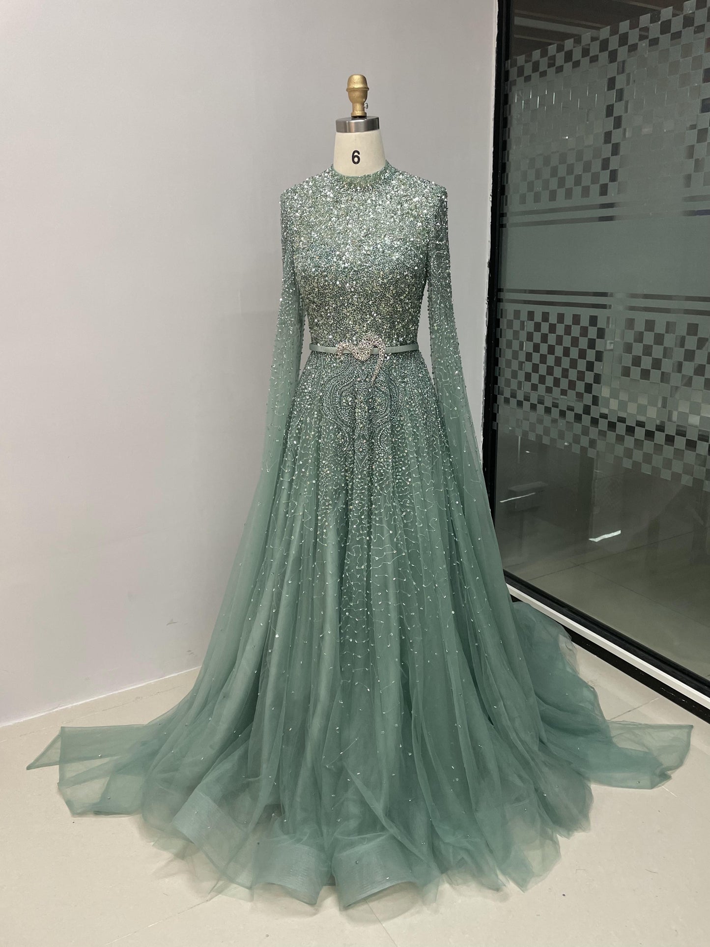 Luxury High Neck Beading Couture A Line Long Sleeve Dress MB40029