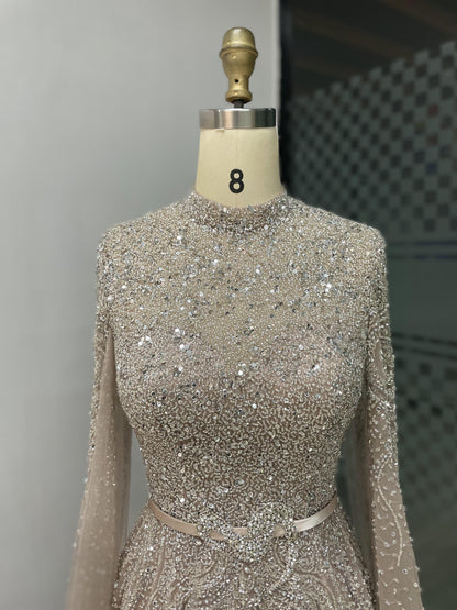 Luxury High Neck Beading Couture A Line Long Sleeve Dress MB40029