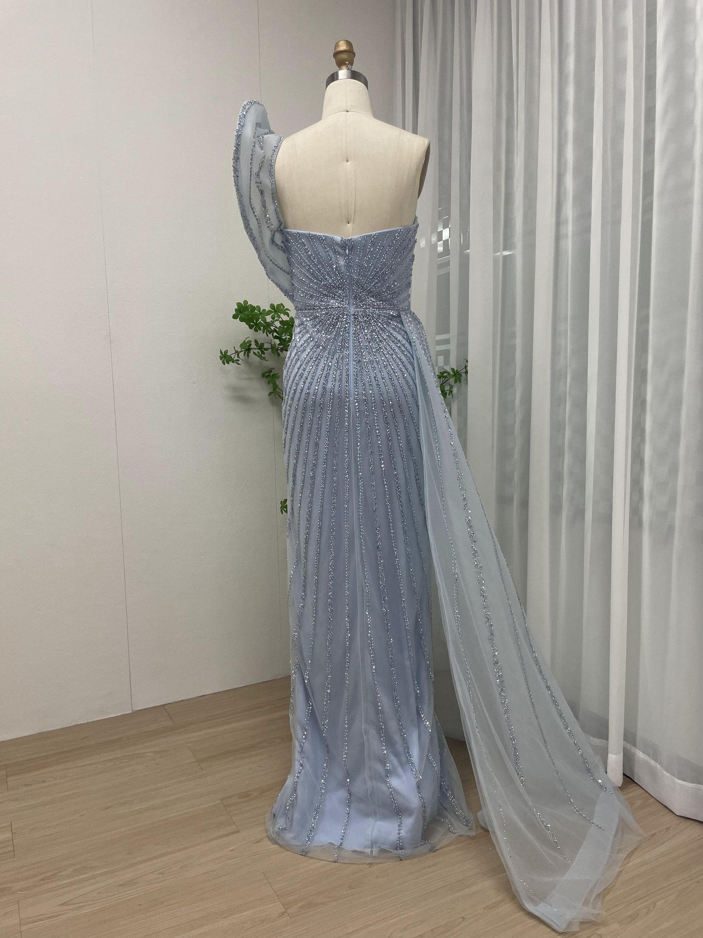 Strapless Ruffle Shoulder High Split Evening Dress MB40031