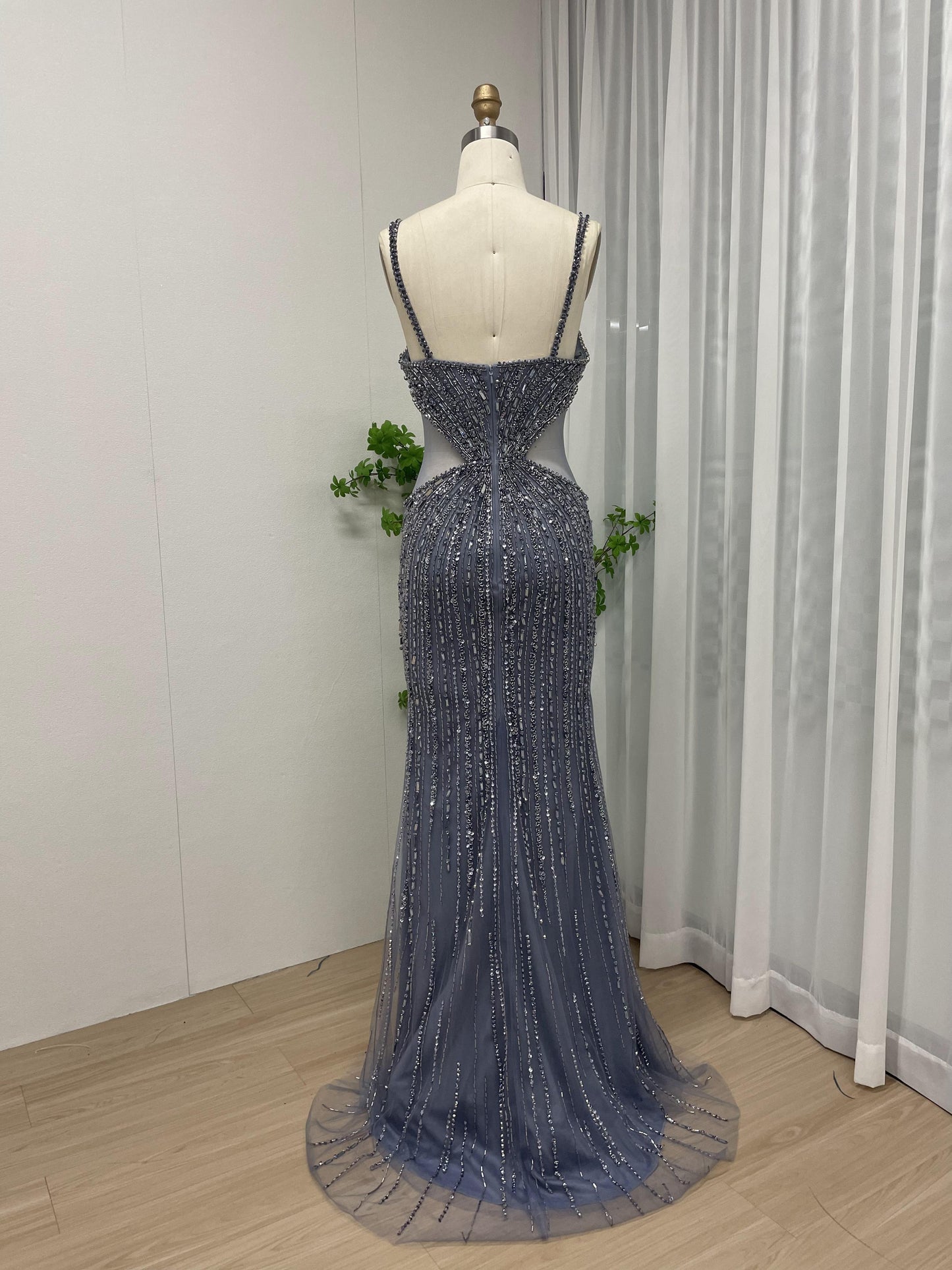 Sexy Spaghetti Strap Handmade Beading High Split Party Evening Dress MB40040-2