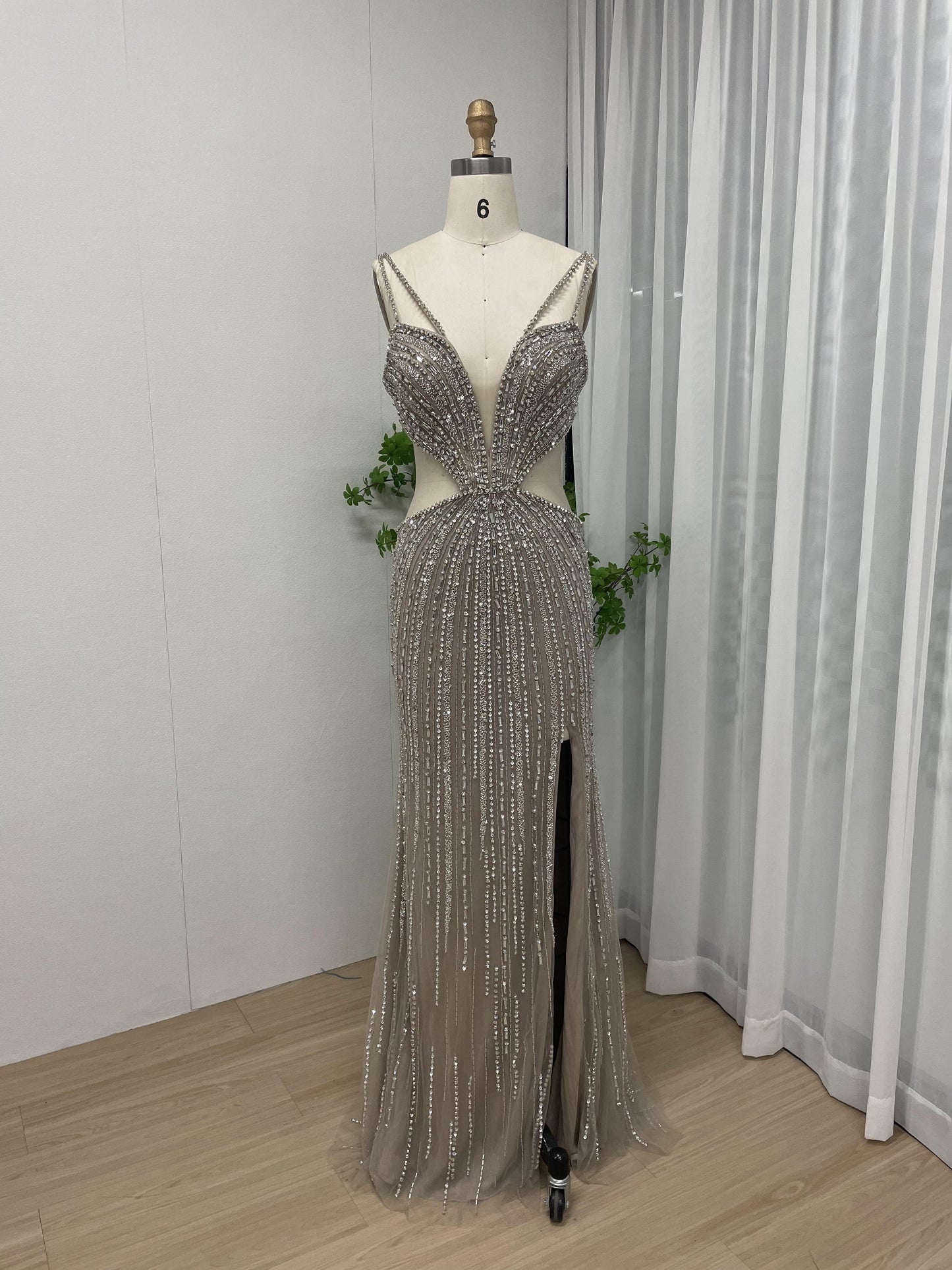 Sexy Spaghetti Strap Handmade Beading High Split Party Evening Dress MB40040-2