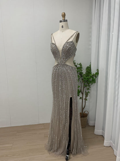 Sexy Spaghetti Strap Handmade Beading High Split Party Evening Dress MB40040-2