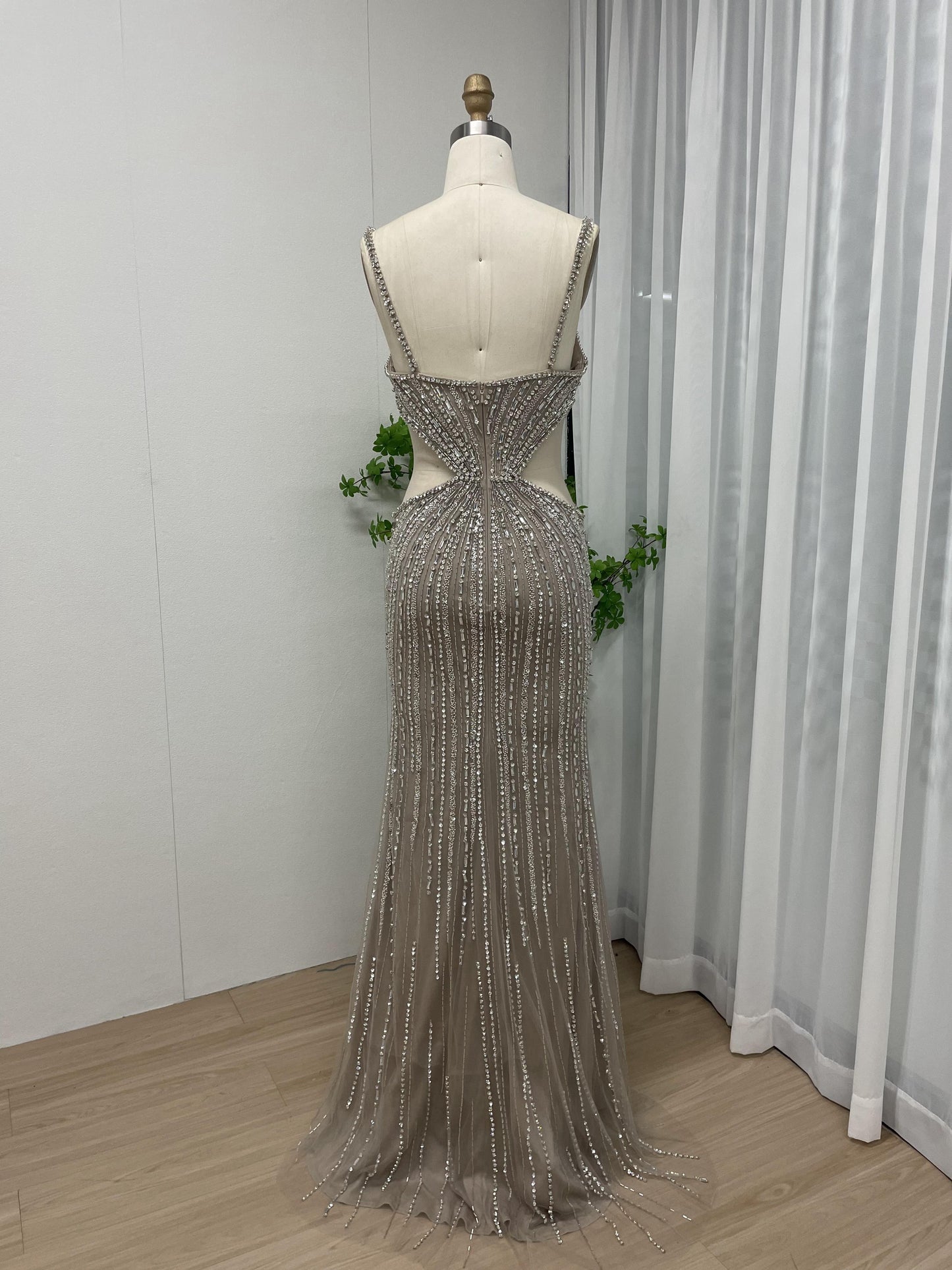 Sexy Spaghetti Strap Handmade Beading High Split Party Evening Dress MB40040-2