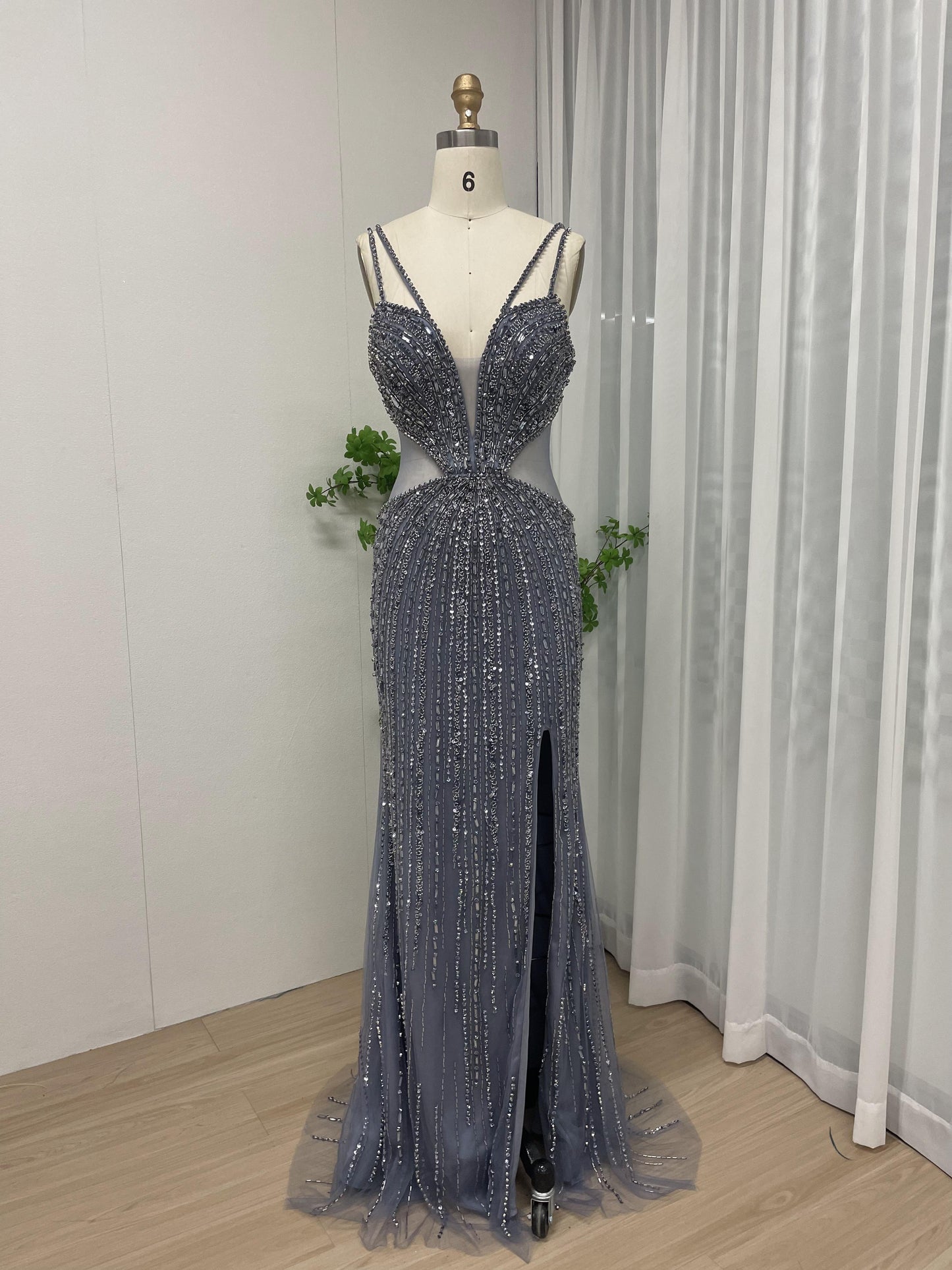 Sexy Spaghetti Strap Handmade Beading High Split Party Evening Dress MB40040-2