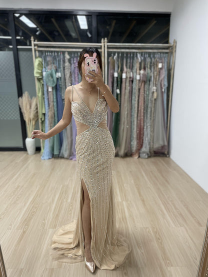 Sexy High Split Handmade Beading Evening Party Dress MB40040