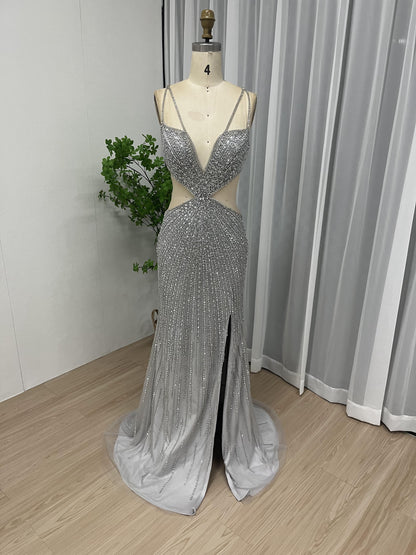 Sexy High Split Handmade Beading Evening Party Dress MB40040