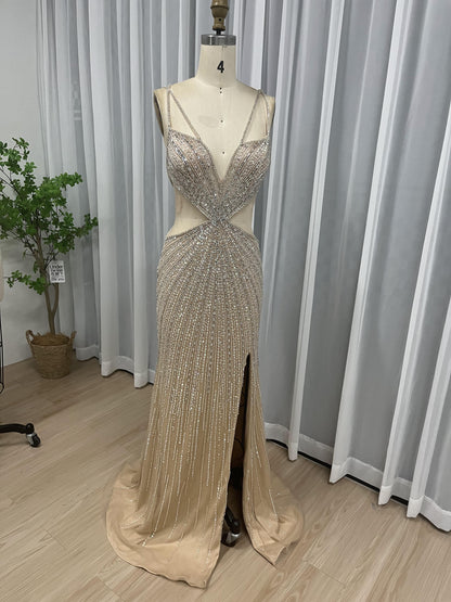 Sexy High Split Handmade Beading Evening Party Dress MB40040