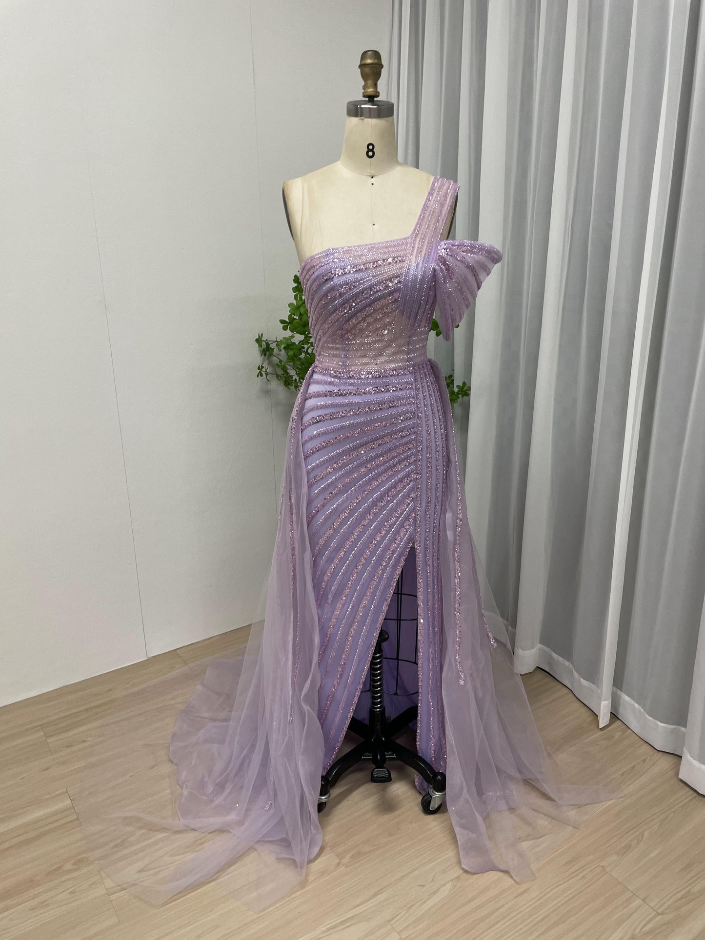 Strapless One Shoulder High Split Couture Evening Dress MB40043