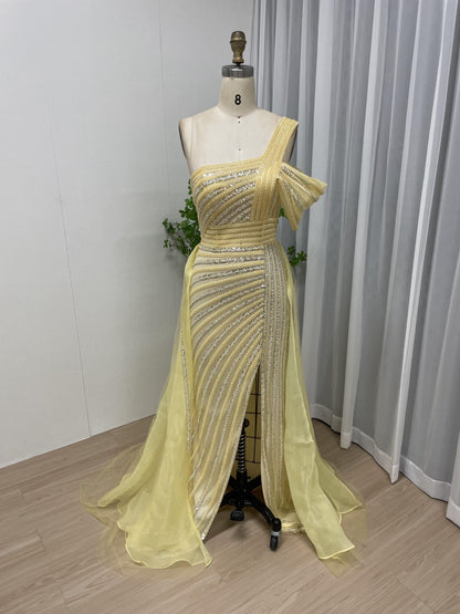 Strapless One Shoulder High Split Couture Evening Dress MB40043