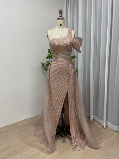 Strapless One Shoulder High Split Couture Evening Dress MB40043