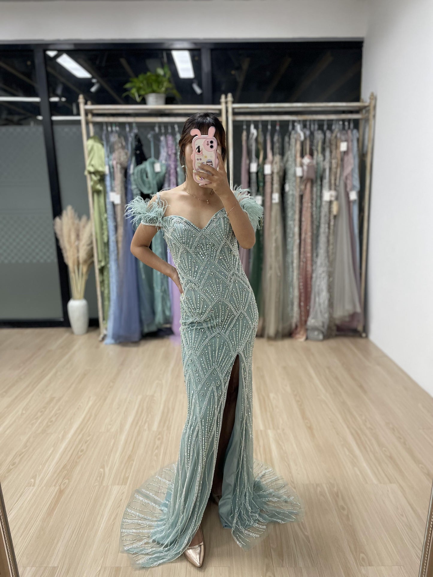 Off Shoulder High Split Beading Evening Party Dress MB40044