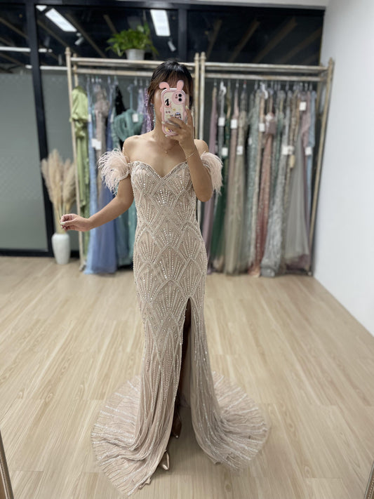 Off Shoulder High Split Beading Evening Party Dress MB40044