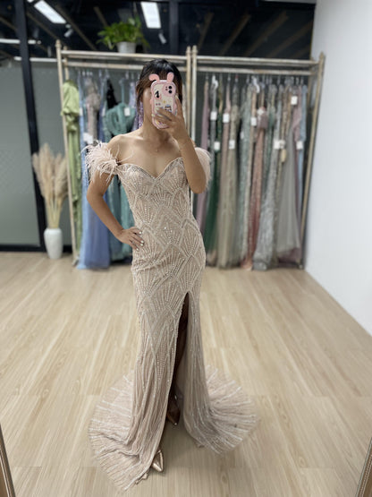 Off Shoulder High Split Beading Evening Party Dress MB40044