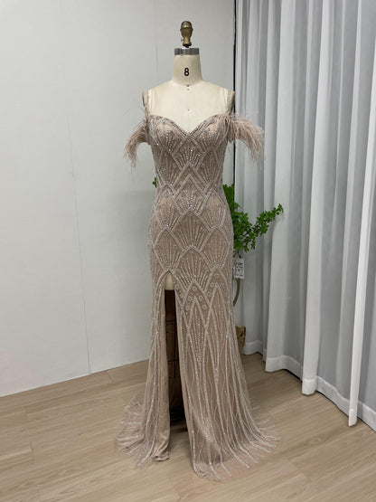 Off Shoulder High Split Beading Evening Party Dress MB40044