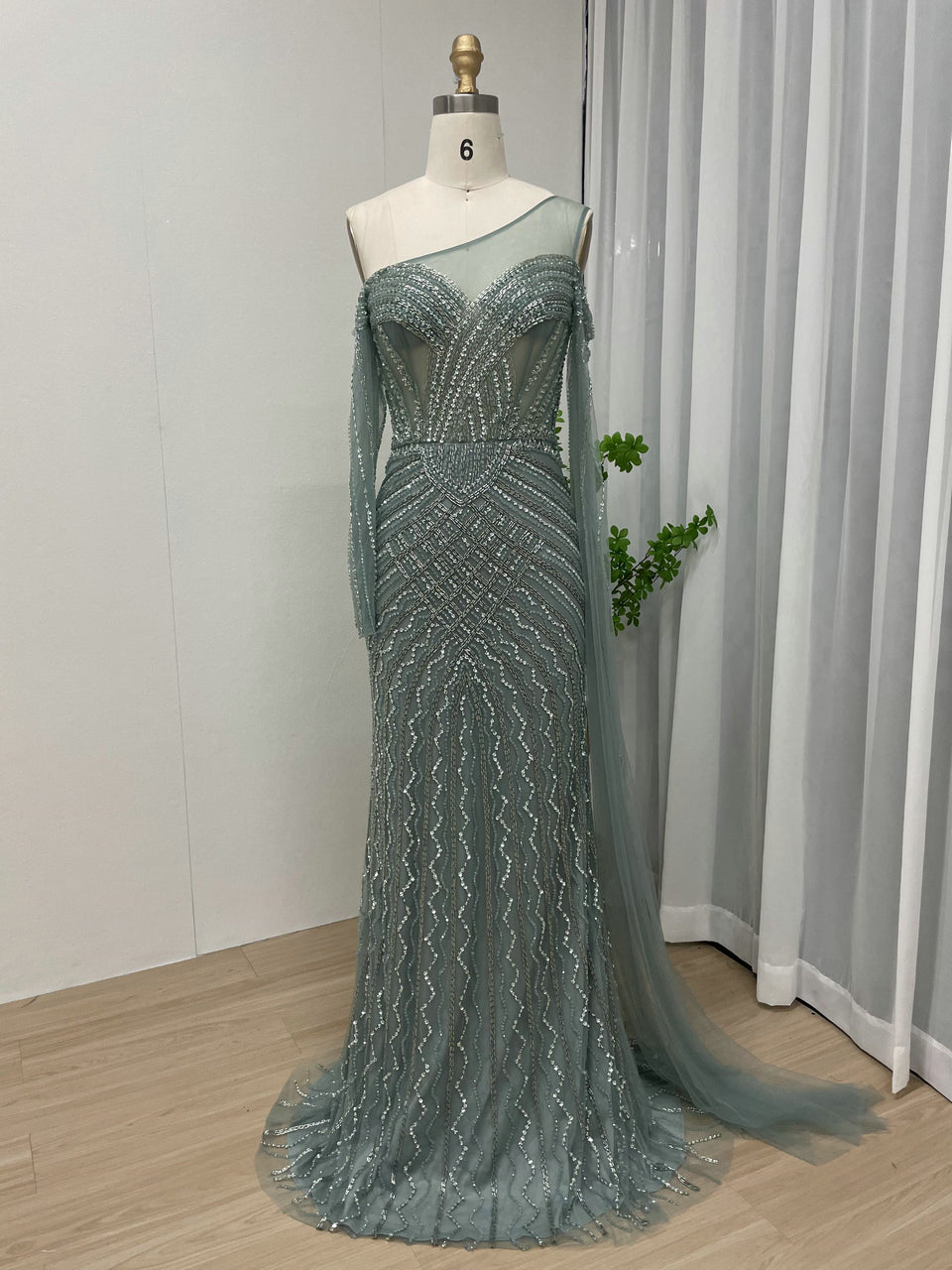 One Shoulder Sheer Beading Couture Evening Dress MB40046