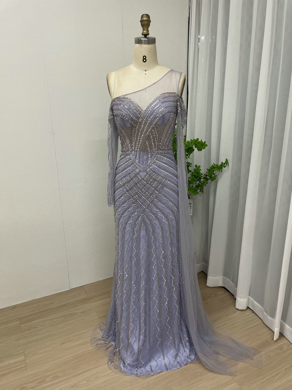 One Shoulder Sheer Beading Couture Evening Dress MB40046