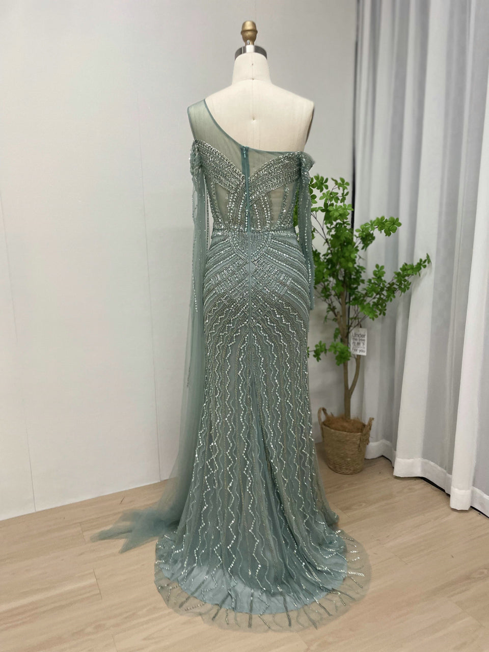 One Shoulder Sheer Beading Couture Evening Dress MB40046