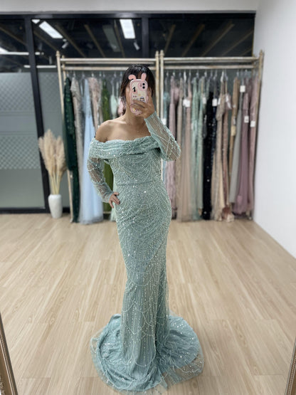 Off Shoulder Long Sleeve Evening Dress MB40047