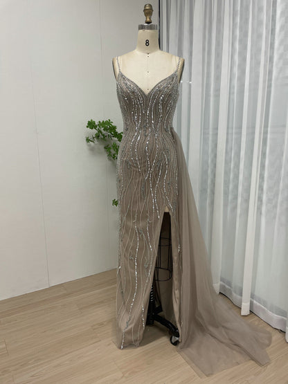 Strap Handmade Beading High Split Evening Dress MB40054