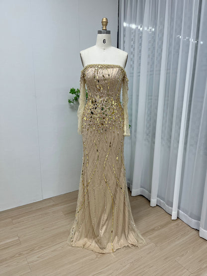 Off Shoulder Beading Couture Fitted Evening Dress MB40055