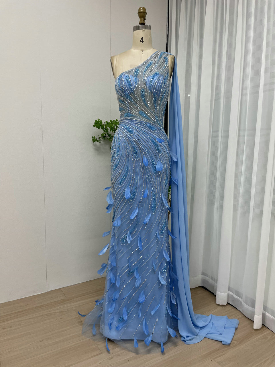 One Shoulder Luxury Beading Feather Evening Dress MB40056