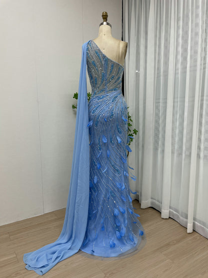 One Shoulder Luxury Beading Feather Evening Dress MB40056