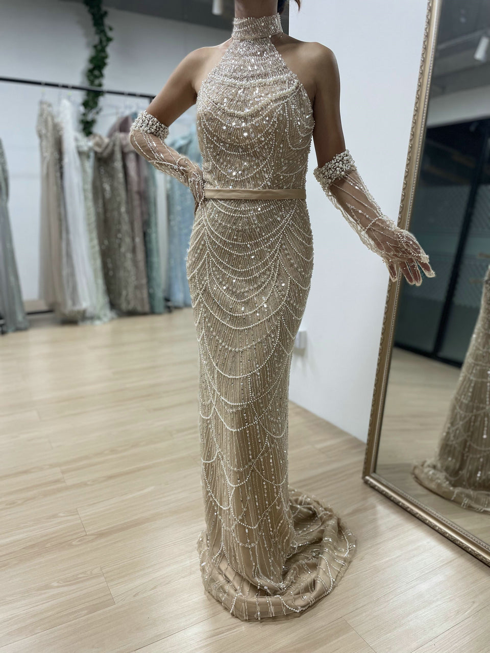 Exclusive High Neck Glove Sleeve Beading Evening Dress MB40059